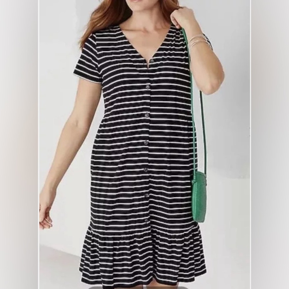 J. Jill Black and White Striped Button-Front Tee Dress